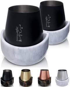 lot 15900 image: DAMAGE ON ONE SEE PHOTOD Gusto Nostro White Marble Wine Chiller for Glass and Stainless Steel Tumbler Set of 2 - Freezable Wine Glass Chiller Holder - Cool Set of Chillers and Stemless Metal Wine Tumblers for Home Bar (Black) - Retail $45