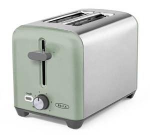 lot 15907 image: Appears Pre Owned, Sold As Is BELLA 2 Slice Toaster, Quick & Even Results Every Time, Wide Slots Fit Any Size Bread Like Bagels or Texas Toast, Drop-Down Crumb Tray for Easy Clean Up, Stainless Steel and Sage - Retail $25