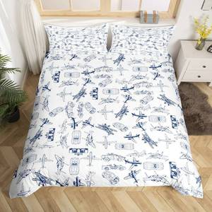 lot 15913 image: Aircraft Bedding Duvet Cover Set Kids Airplane Print Bedding Set Boys Girls Decor Aircraft Flying Comforter Cover Set Microfiber Sketch Style Blue White Bedspread Cover Bedroom Bedclothes Twin Size - Retail $30