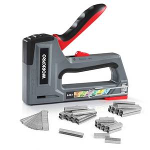 lot 15920 image: WORKPRO Staple Gun, 6-in-1, Manual Brad Nailer with Staples, Upholstery Stapler Nail Gun for Fixing Material, Decoration, Carpentry, Furniture, Doors and Windows - Retail $22