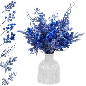 lot 15932 image: Vase Not Included Syhood 80 Pcs Royal Blue Winter Artificial Berry Picks and Pine Branches Stems Set, 7 Style Glitter Snowy Holly Berry and Branches for Wedding DIY Wreath Garland Party Winter Decor - Retail $29