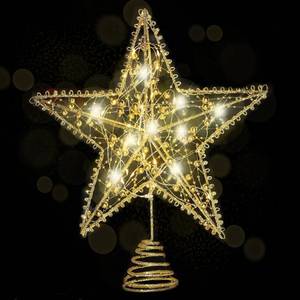 lot 15934 image: Emopeak Iron Art 20 LED Christmas Tree Topper, 8 x 10Inch Indoor Outdoor Star Treetop Light Two Modes (Keep Light ONFlash) for 1.5Ft to 9Ft Christmas Tree (Gold, 8 x 10 Inch) - Retail $18