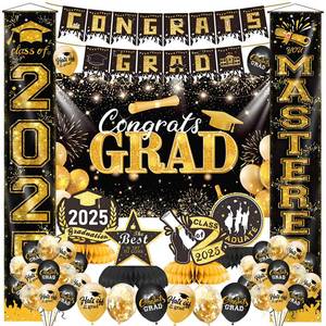 lot 15954 image: Graduation Decorations 2025, Black And Gold Graduation Party Decorations, Take Pictures Backdrop, Congrats Grad Banner, Graduations Balloon