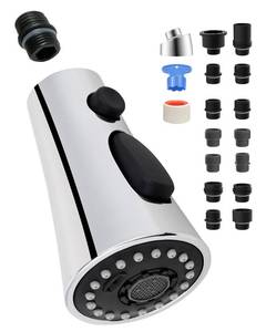 lot 15955 image: Universal Kitchen Faucet Head Replacement with 15 Adapter Kit Compatible with KohlerMoenDelta Faucet, 3 Function Pull Down Sink Faucet Spray Head, Chrome - Retail $16