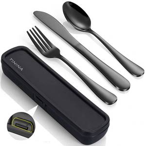 lot 15986 image: Travel Utensils with Case, 4-Piece Stainless Steel Portable Cutlery Set, Reinforced Case with Buckle Design, Lunch Box for Camping Work School, Include Fork Spoon Knife, Dishwasher Safe, Black - Retail $7