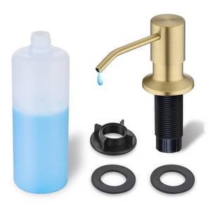lot 15989 image: Gold Soap Dispenser for Kitchen Sink, WEWE Brushed Gold Soap Dispenser with Long Spout and Gold Soap Pump Built in Countertop Under Sink Stainless Steel - Retail $25