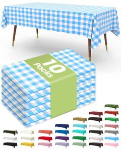 lot 15992 image: Pureegg Plastic Table Cloth Disposable 10 Pack, 54 x 108 Inch Table Cloths, Party, Picnic, Decorative Gingham Tablecloths, Rectangle, Blue and White Checkered Cover, Leakproof & Sturdy, Blue Plaid - Retail $20