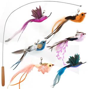 lot 16015 image: miwoowim Interactive Cat Toys for Indoor Cats - 35 Steel Wire and 6PCS Feather Bird Refills,Teaser Toy,Cat Wand Toy,Feathers & Bells, Realistic Bird Impression (7 PCS) - Retail $15