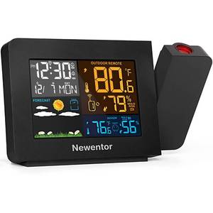 lot 16033 image: Newentor Atomic Projection Alarm Clock with Weather Station for Bedrooms, Projector Clocks with WWVB Function, Indoor Outdoor Thermometer Wireless, Temperature Humidity Monitor and Weather Forecast - Retail $40
