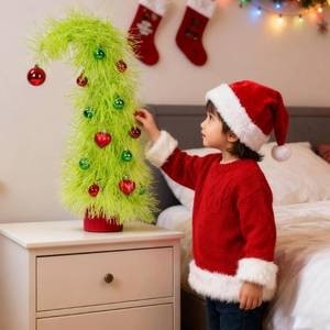 lot 16035 image: NEXSTRON Mini Christmas Tree 20�� Tabletop Grinch Tree with 13 Christmas Ornament, Whimsical Green Desk Christmas Tree Xmas Gifts for Friends and Family Christmas Decor Party Home Office Indoor - Retail $28