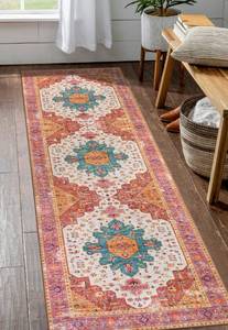 lot 16037 image: Moynesa Ultra-Thin Washable Runner Rug - 26x8 Pink Runners for Hallways, Boho Non-Slip Bedroom Rug Runner, Vintage Oriental Medallion Kitchen Carpet Runner for Home Entrance Decor - Retail $43