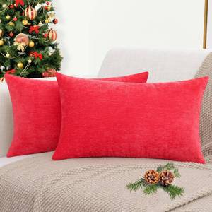 lot 16041 image: decorUhome Chenille Red Throw Pillow Covers 12x20 Inch Set of 2, Decorative Soft Couch Pillow Covers Solid Dyed Accent Farmhouse Neutral Rectangle Pillow Cases for Sofa - Retail $34