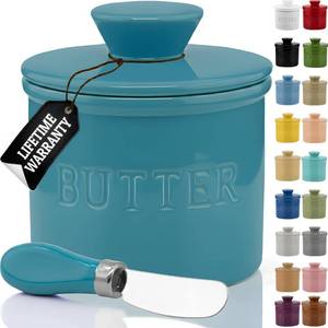 lot 16042 image: PriorityChef Butter Crock with Lid with Water Line, Ceramic French Butter Dish to Leave On Counter, Turquoise - Retail $18