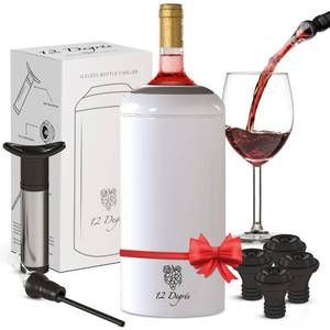 lot 16046 image: 12 Degr�s Wine Chiller Set - Perfect Wine Gifts for Women & Men - Stainless Steel Insulated Wine Cooler with Wine Pump, Aerator & 4 Stoppers (White Matte) - Retail $40
