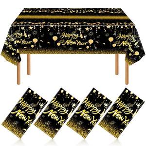 lot 16062 image: NOVWANG Happy New Year Tablecloths, 4 Pack Black and Gold Tablecloth New Year Plastic Disposable New Years Table Covers for 2026 New Years Eve Party Table Decorations - Retail $9