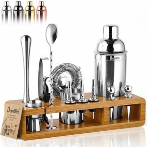 lot 16085 image: Barillio Bartender Kit - Stainless-Steel Cocktail Shaker Set wBamboo Stand - Mixology Bar Tools wDrink Shaker, Mixer Spoon & Muddler for Cocktails - Home Bar Accessories - 23-Pc Bar Set - Silver - Retail $46