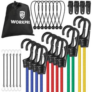 lot 16103 image: WORKPRO Bungee Cords Heavy Duty Outdoor - 30PCS Bungee Cords with Hooks in a Storage Bag Includes 10, 18, 24, 30, 36, 48 Bungie Cord Bundle Assortment with Metal Hook, Bungee Straps - Retail $20