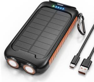 lot 16113 image: Solar Charger Power Bank, 38800mAh Portable Phone Charger with 1 Type-C & 2 USB-A Ports Built-in Dual LED Flashlight, 15W Fast Charging Waterproof Solar Panel Charger - Retail