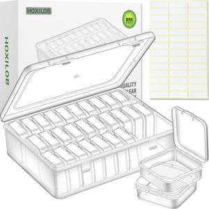 lot 16114 image: Bead Organizer Box, 30pcs Small Clear Plastic Storage Containers, Craft Storage Box Features Hinged Lid and Labels, Mini Boxes for Bracelets, Jewelry, Diamonds, Clay Beads, Screws, Seeds, Small Parts - Retail $13