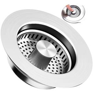 lot 16121 image: 3-in-1 Kitchen Sink Drain Strainer & Stopper with Basket, Stainless Steel Drain Plug Cover Catcher for Food Waste - Sink Accessories for Home or Kitchen Sink Shroom Fit US Standard 3-12 Drain Hole - Retail $14