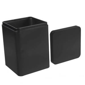 lot 16122 image: Square Black Metal Tea Canister - Iron Storage Box for Tea Candy and Home Organization - 4.33 X 4.33 X 3.14 Inch - Retail $20