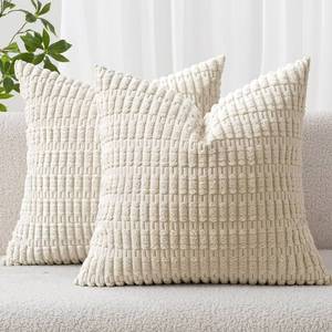 lot 16138 image: MIULEE Pack of 2 Corduroy Decorative Euro Sham Throw Pillow Covers 24x24 Inch Soft Boho Striped Pillow Covers Modern Farmhouse Home Decor for Sofa Living Room Couch Bed Cream White - Retail $24