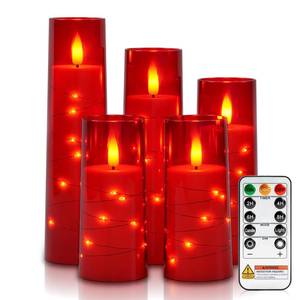 lot 35422 image: Flameless Candle with Remote Timer 5 Flickering Acrylic Battery Operated LED Pillar Candles with Embedded Star String for Halloween, Home Decor - Retail $22