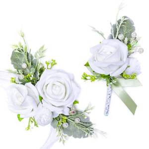 lot 35430 image: White Wrist Corsage and Boutonniere Set for Bride Groom Bridesmaids Groomsmen Wedding Homecoming Flowers Prom Suit Accessories, Rose Boutonniere and Corsage Wristlet Flower - Retail $17
