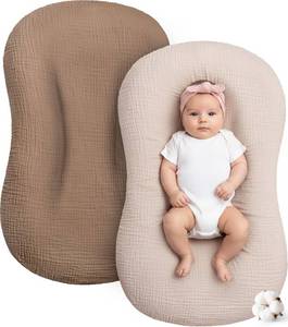 lot 35432 image: Muslin Baby Lounger Cover 2 Pack, Cotton Soft Breathable Infant Nest Slipcovers, Envelope Closure, Compatible with Snuggle Me Loungers, Machine Washable, Cover Only, for Boys Girls(Brown & Beige) - Retail $17