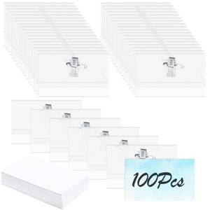 lot 35438 image: 100 PCS Name Badges, Name Badges with Crocodile Clip and Safety Pin, Clear Holders Name Tags with Pins Horizontal ID Card Holder idea for School, Colleges, Offices, Corporate Event - Retail $22