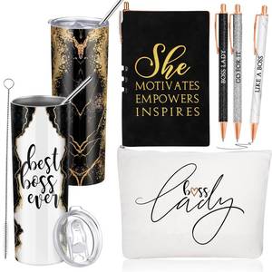 lot 35476 image: 6 Pcs Best Boss Birthday Gift Set Thank You for Women Boss Day Appreciation Day Gift 20oz Rustic Marble Sign Tumbler Makeup Bag A6 Notepad with Ballpoints Leader Manager Supervisor(Black) - Retail $20