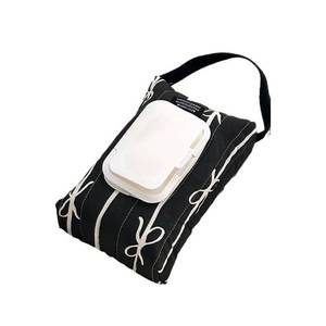 lot 35492 image: Travel Friendly Wet Wipe Storage Case Quilted Sturdy Cotton Storage Bag With Fashionable Stripe And Bowknot Detail, Black - Retail $7