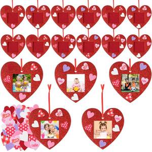 lot 35526 image: 24 Pcs Valentine Picture Frame Craft Kits Heart Felt Photo Frames Ornaments Bulk with 100 Pcs Stickers Glitter Valentines Tree Classroom Hanging Decoration for Kids Pre-School Toddlers - Retail $26