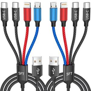 lot 35527 image: Dual Type-C 4 in 1 Multi Charging Cable for Multiple Devices with 2 USB-CIPMicro Port, USB Cable iPhone Charger Cord, Travel Car Charger Cord for iPhone17-8, Galaxy 25 Android iPad, More, 2Pack 5FT - Retail $13
