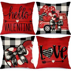 lot 35545 image: Valentines Day Buffalo Plaid Bow Truck Throw Pillow Covers 20x20 Set of 4 Polka Dots Valentine Heart Wedding Cushion Case Decoration for Sofa Couch - Retail $10