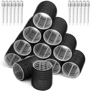lot 35546 image: Big Self-Grip Hair Curlers Rollers with Stainless Steel Duckbill Clips for Long, Medium, Thick Hair and Bangs Volume (Black) - Retail $10