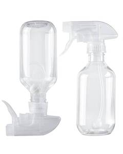 lot 35572 image: 2 Pack 360° Spray Bottles, 10 oz Plastic Small Containers with Adjustable Spray Nozzles, Spray Bottles for Hair, Cleaning Solutions, BBQ and Plants Clear - Retail $10