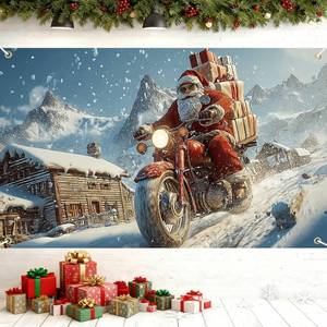 lot 35581 image: Santa Motorcycle Christmas Banner 71x43 Inch, Santa Riding Motorcycle with Presents in Snow, Outdoor Holiday Yard Decoration, Large Christmas Backdrop for Parties - Retail $10