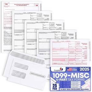 lot 35587 image: 1099 Misc Tax Forms 2025 with Envelopes, 25 Vendor Kit for 4 Part Tax Forms, Compatible with QuickBooks and Accountings Software, 25 Self Seal Envelopes, Made in USA - Retail $22