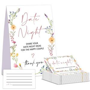 lot 35590 image: Wildflowers Date Night Game, Date Night Ideas Sign with 50 Cards, Bridal Shower Game, Boho Bridal Shower Decorations, Wedding Date Night Advice - 07 - Retail $13