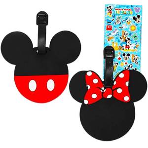 lot 35596 image: Disney Minnie Mouse and Mickey Mouse Luggage Tag PVC 2-Piece Set - Bundle Mickey and Minnie-Shaped Suitcase Tags Plus Stickers  Disney Travel Set
