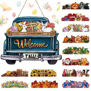 lot 35602 image: 13 Pcs Easter Interchangeable Door Sign for Front Door Farmhouse Truck Decor Rustic Hanging Welcome Sign with 12 Interchangeable Seasonal Holiday Decor for Easter(Cute Color) - Retail $22