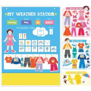 lot 35616 image: My First Daily Felt Calendar, Weather Station for Kids- Interactive Preschool Learning Toy Weather Forecast Board, Clothing Cards & Dress-Up Activity Center - Retail $22