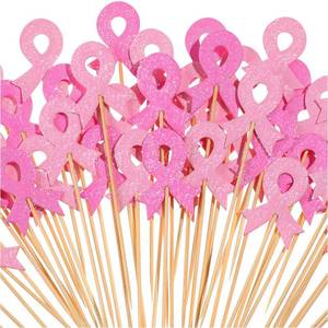 lot 35623 image: 100 Pcs Breast Cancer Awareness Cupcake Toppers Double Sided Glitter Rose Red Pink Ribbon Breast Cancer Decorations for Party Hope Ribbon Cupcake Picks Party Cake Supplies - Retail $15