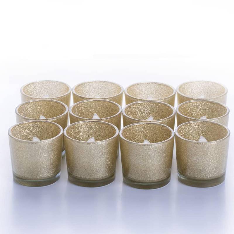 lot 25451 image: Gold Votive Candle Holders, BeMoment Glitter Glass Tealight Candle Holder for Christmas, Wedding Decor and Home Decor, Festival, Xmas, Holiday, Set of 12 - Retail $11