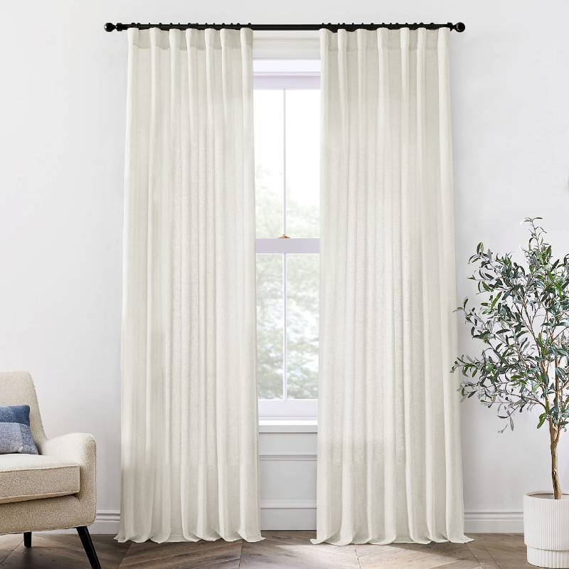 lot 25461 image: 90 Inches Long Sheer Linen Curtains 2 Panels Set, Hook Tape Back Tab Semi Sheer Cotton Blend Fabric Modern Cottage Core Cottagecore Curtain Drapes for Living Room Bedroom,50x90 in Length - Retail $37