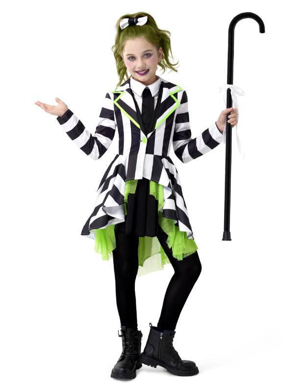 lot 25463 image: Spooktacular Creations Halloween Costume for Girls, Horror Black and White Vertical Striped Costume for Kids, Halloween Dress Up, Role Play, Cosplay Party