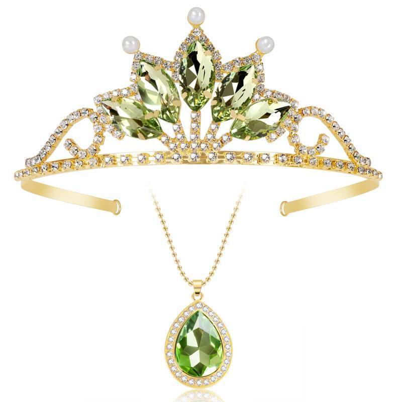 lot 25475 image: Princess Tiana Tiaras and Necklace for Women Green Princess Tiana Crown Birthday Halloween Party Princess Tiana Accessories - Retail $19