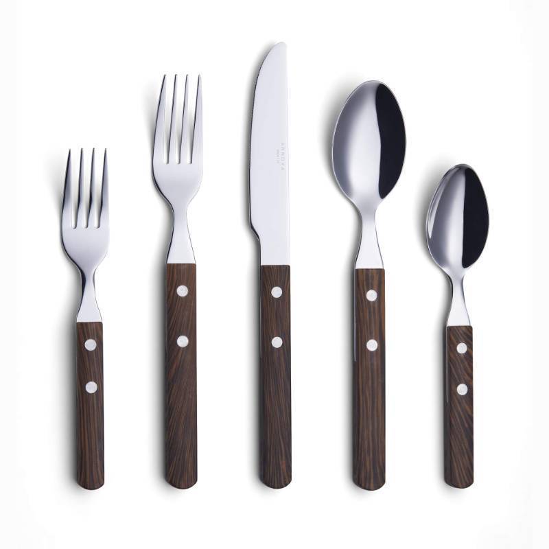 lot 25487 image: 20 Piece Silverware Set, Service for 4, Stainless Steel RetroRivet Walnut Wood Tableware Kitchen Flatware Set Utensils, Includes Dinner Knives, Forks, Spoons, Salad Forks & Dessert Spoons - Retail $40