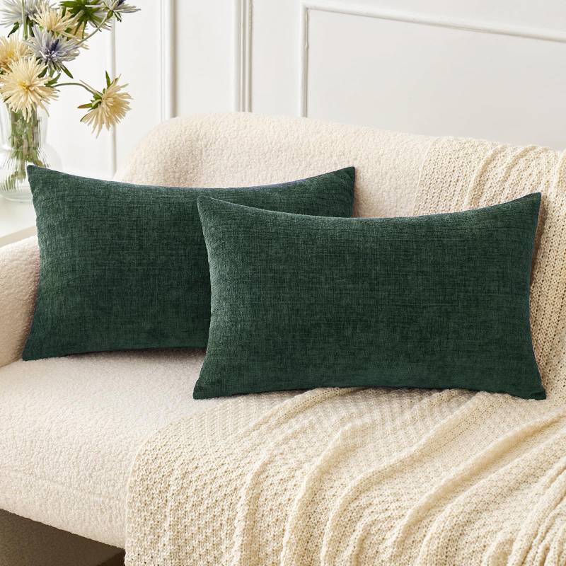 lot 25533 image: Pack of 2 Green Throw Pillow Covers 12x20 Inch Soft Chenille Lumbar Pillow Covers for Sofa Living Room Couch Solid Dyed Cases - Retail $18